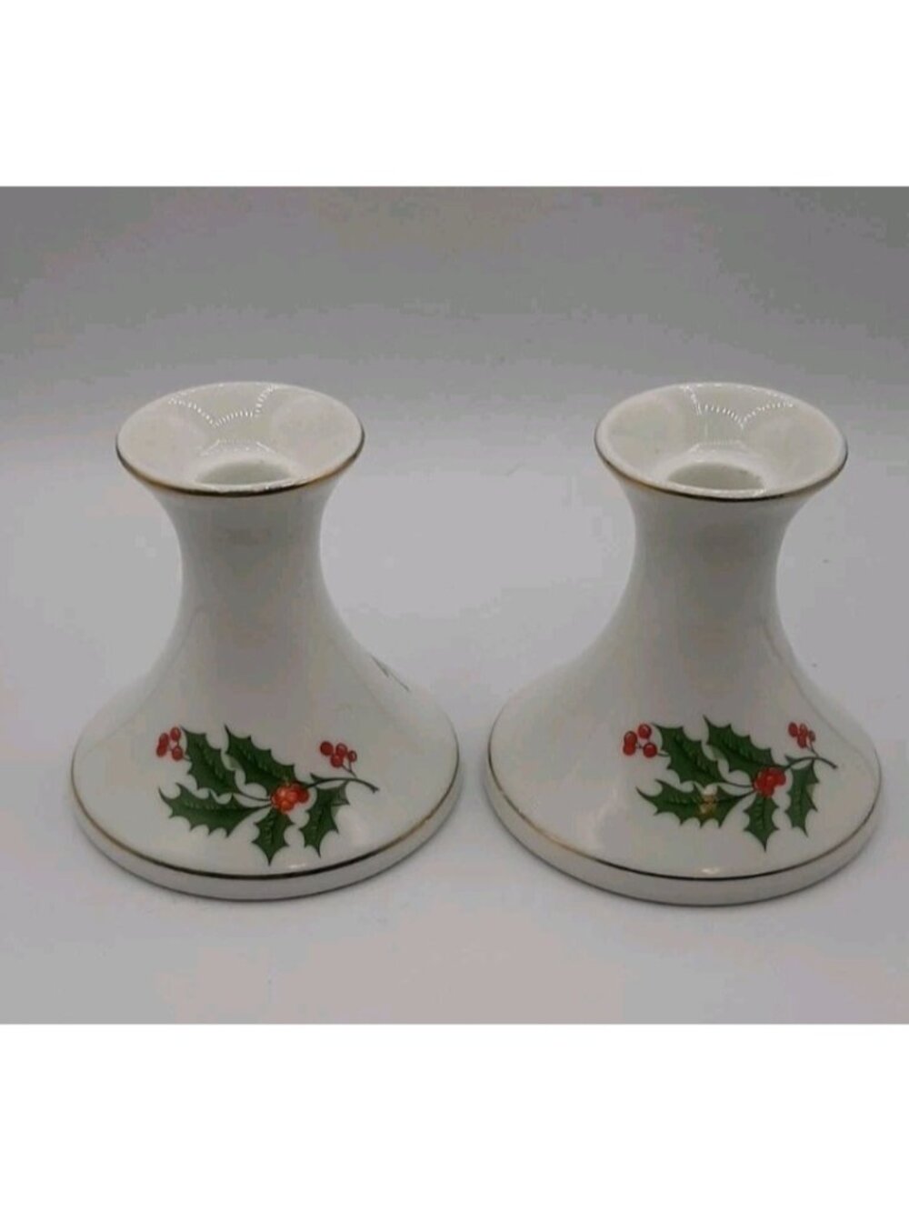 VTG Holly Berries Christmas Candle Holders Porcelain Ware Fine China From Japan